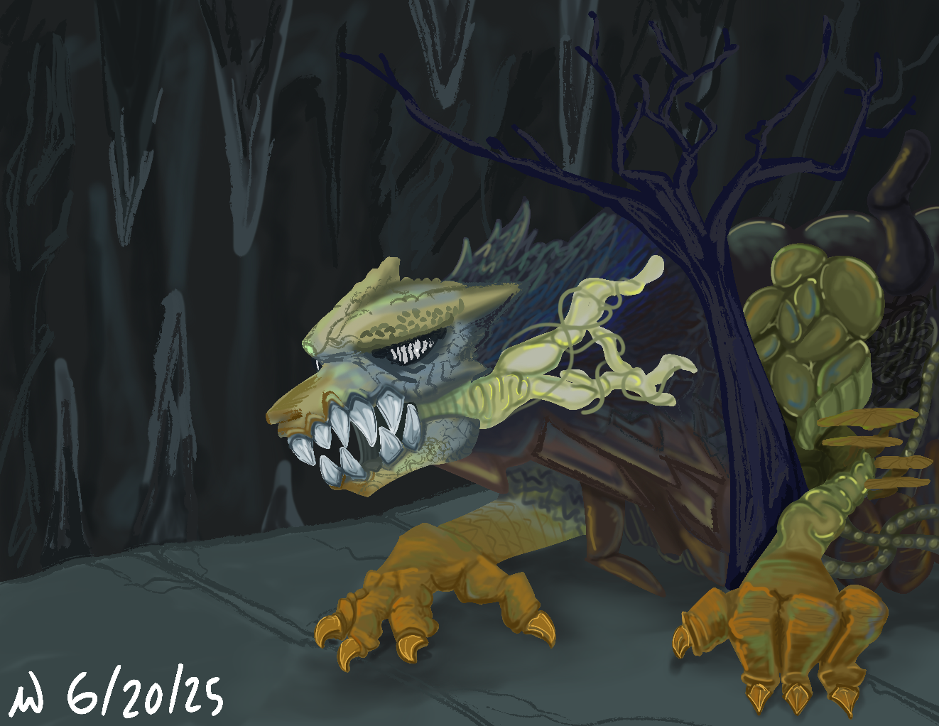 digital painting of creature underneath tree in a cave