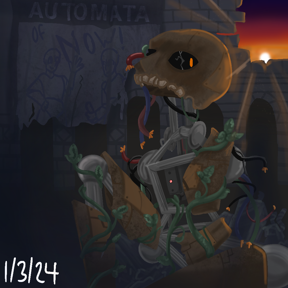 digital painting of a robot, rusted and broken, covered in vines in a dark room, the sun peaking out through a broken wall.