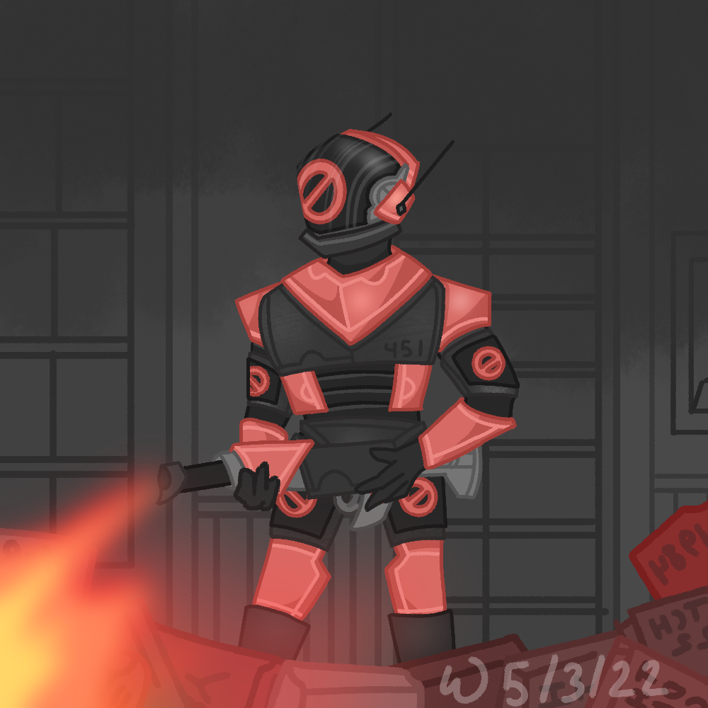 digital painting of a firefighter, clad in black and orange, burning books with a flamethrower.