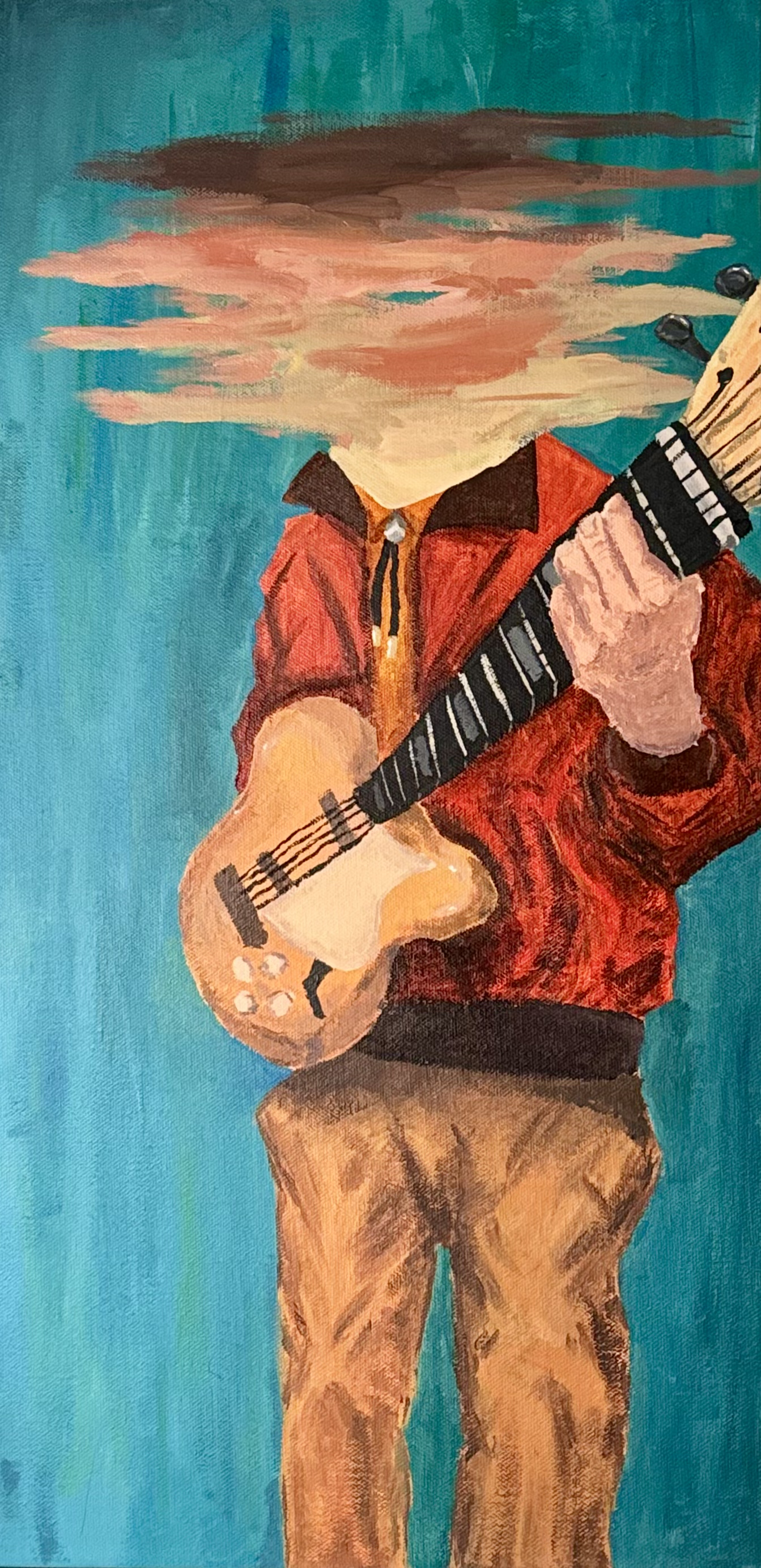 acryllic painting of a man in red coat holding acoustic guitar, head is blurred and smudged.