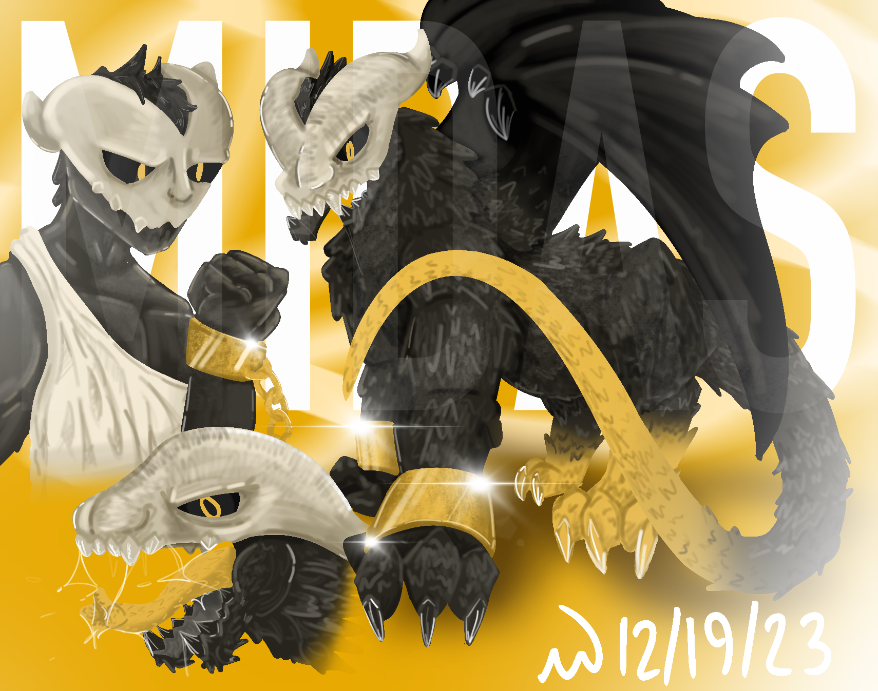 digital painting of a man, with a skull like mask. Next to him is a dragon like beast