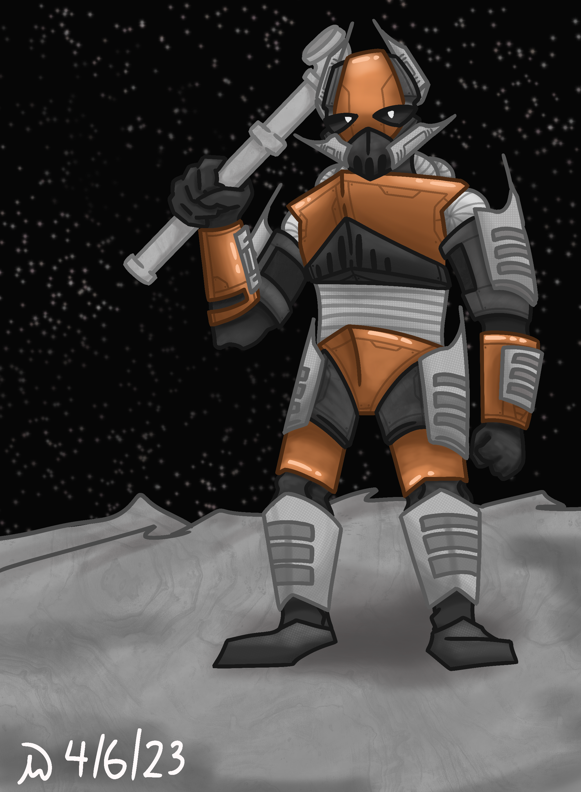 digital painting of an astronaut holding a metal pipe of some kind in his right hand.