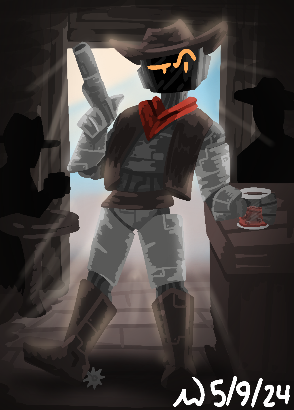digital painting of a robot entering a bar, holding a revolver and a glass in his left hand.