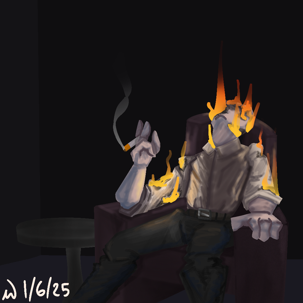 digital painting of a man sitting in an armchair holding a cigarette in the air, as his head is ignited in flames, resting on the back of the chair.