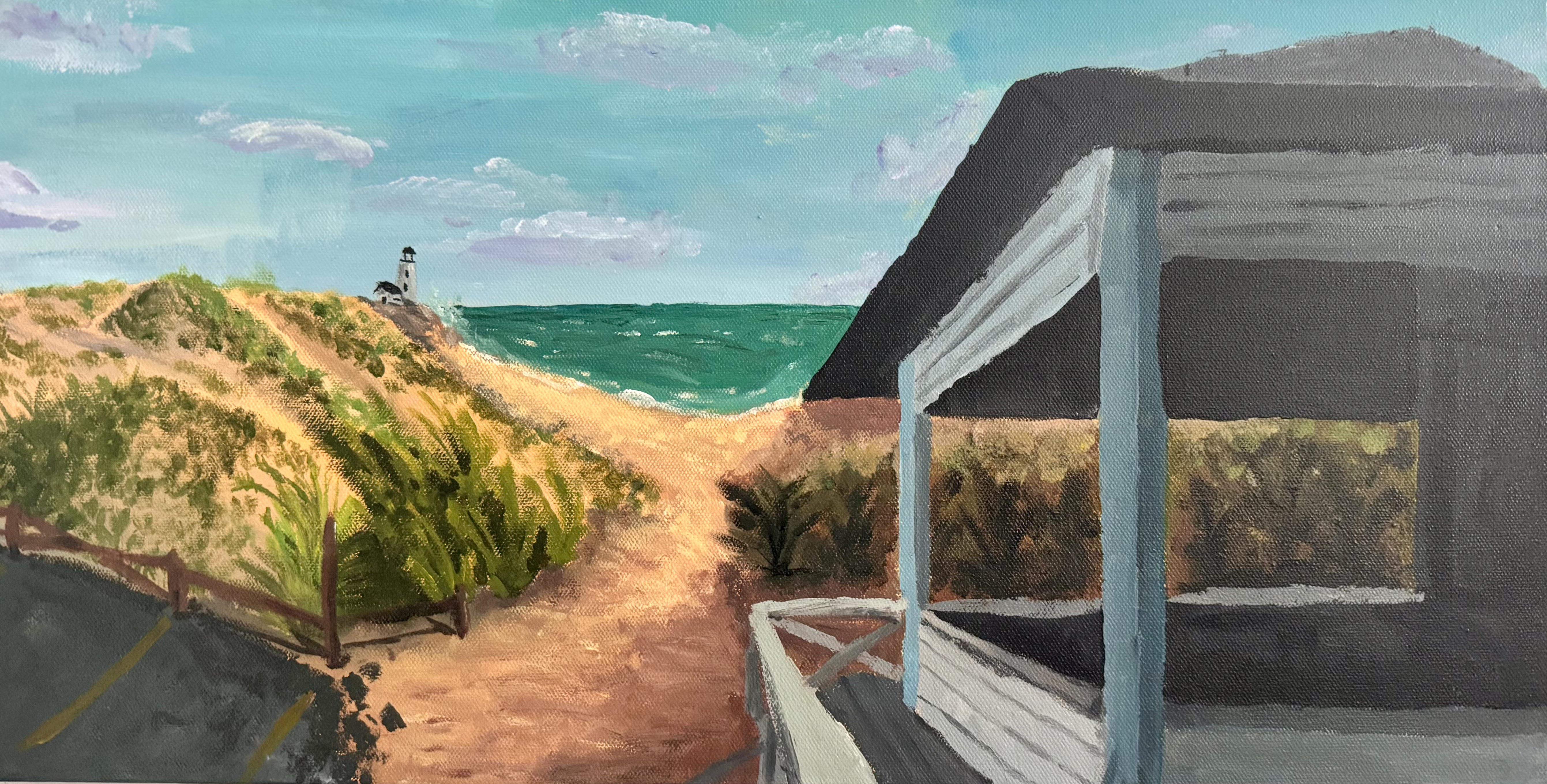 acryllic painting of a beach with lighthouse in distance and shack on right side of painting.
